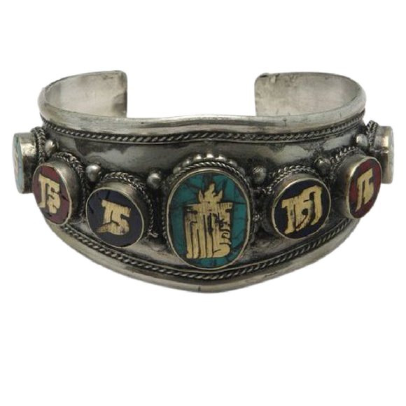 Multi Color Kalachakra White Metal Bracelet - Picture 1 of 3
